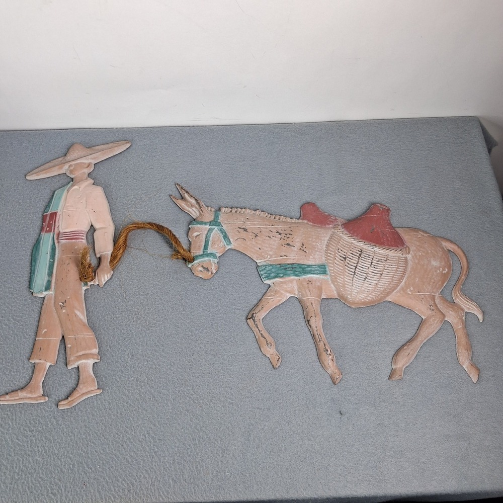 Vintage Mexican Siesta Man and Burro Wall Decor Set Folk Art Cast Iron
